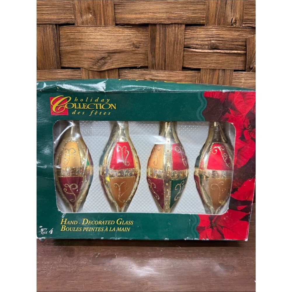 Hand-Decorated Glass Ornaments in Gold, Red, Green